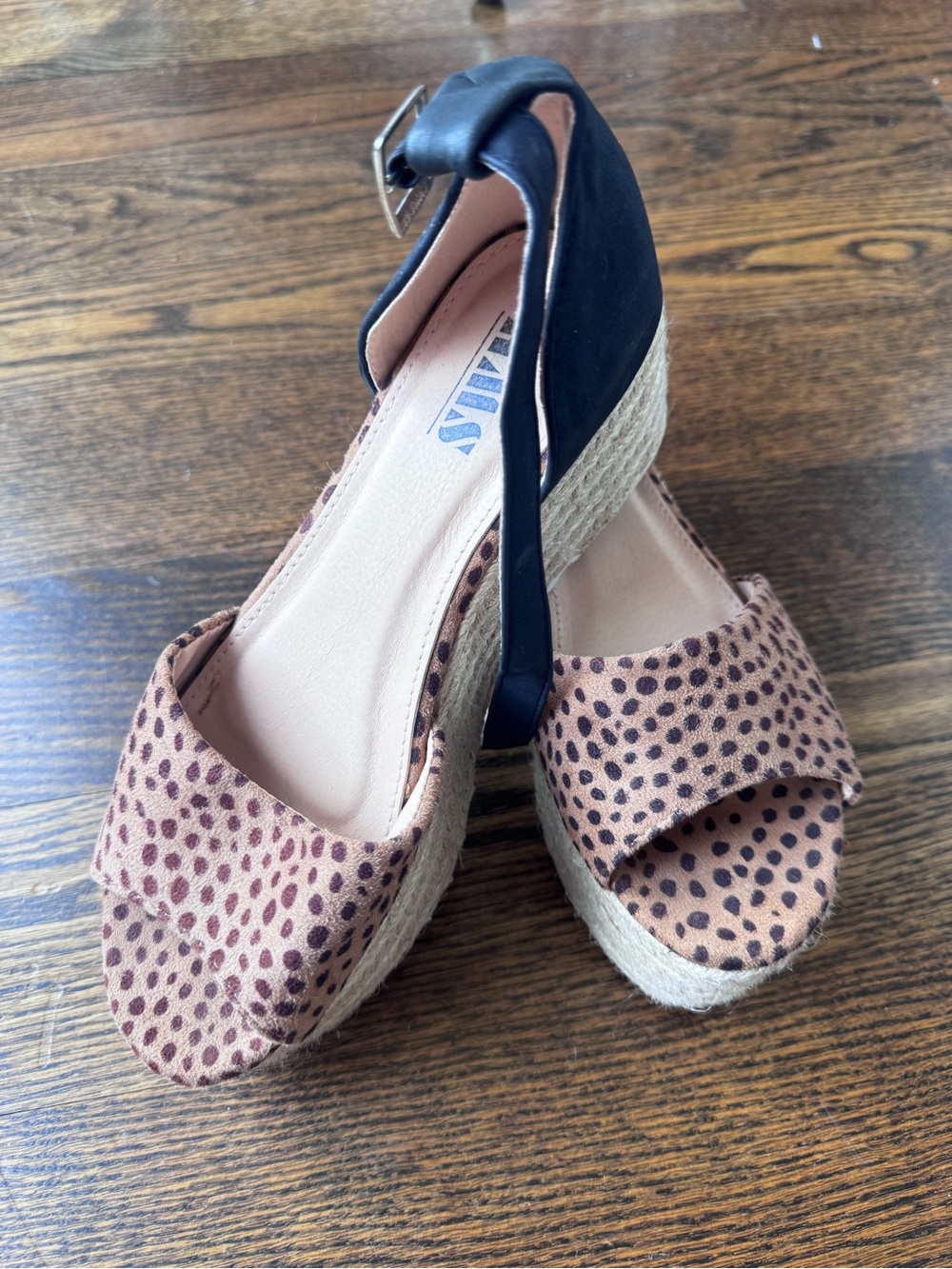 AMAS Leopard Print Brown Espadrille Wedge Sandals with Black Ankle Strap